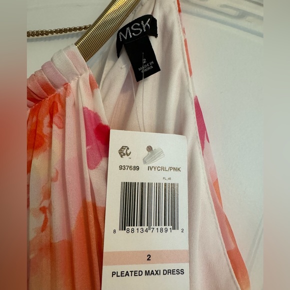 NEW Floral Printed White Maxi Cocktail Dress NWT Halter Pleated Gown Pink Orange - Picture 7 of 9
